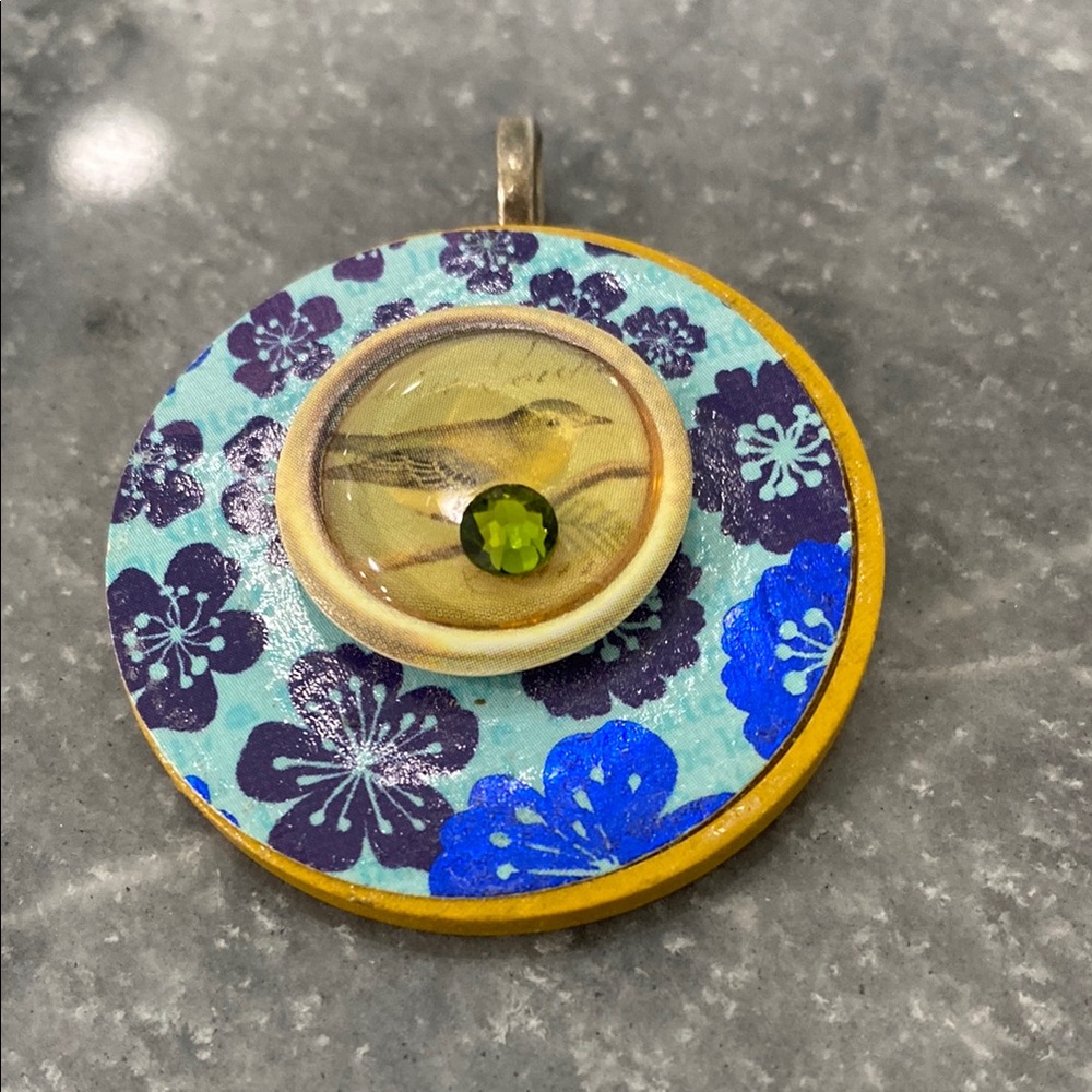 Floral Bird Pendant with Blue and Yellow Accents